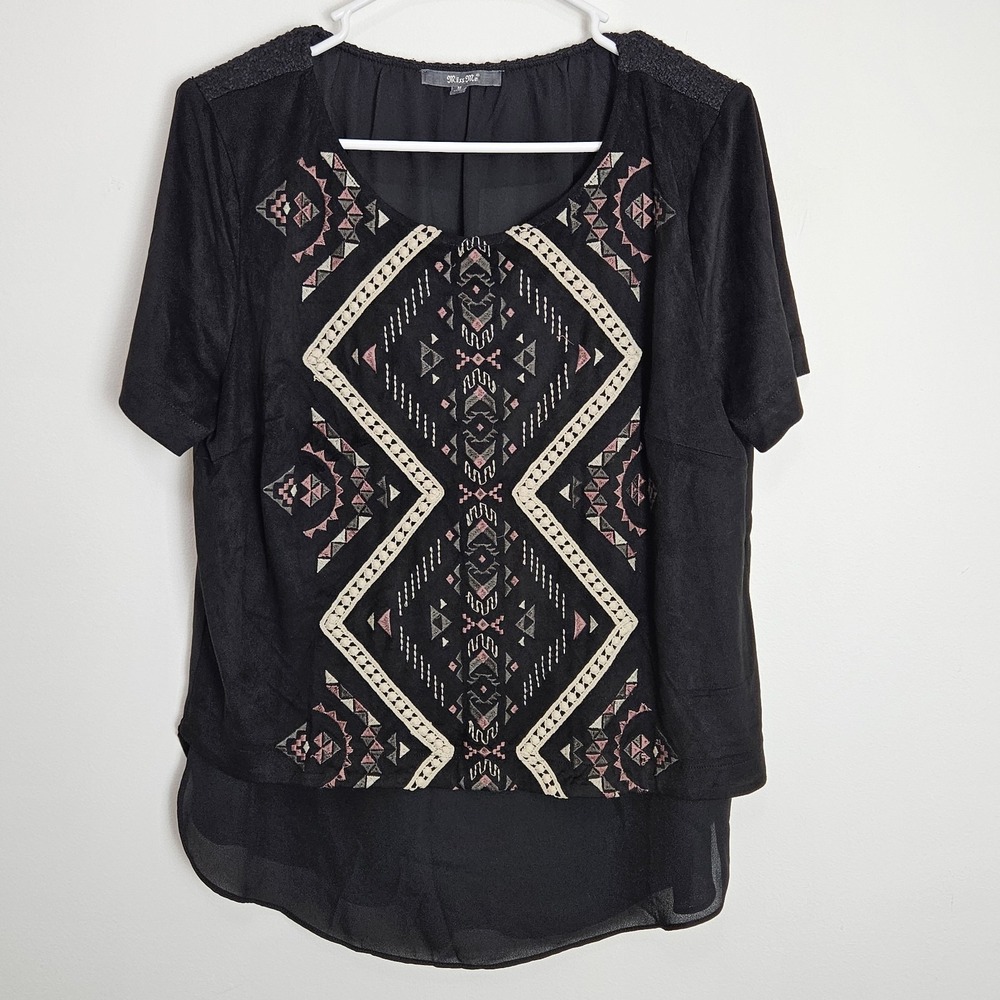 Miss Me Blouse Size M Faux Suede Embroidered Layered Short Sleeves Boho Black
